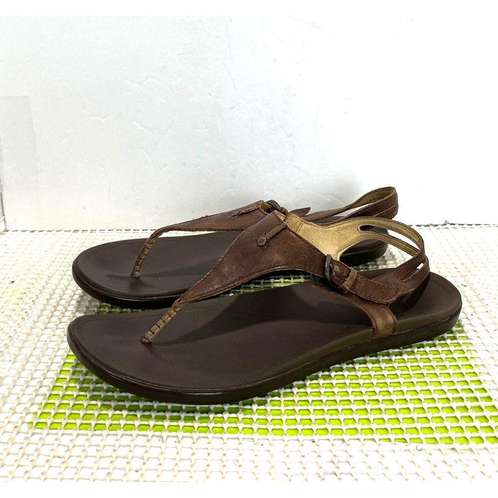 Olukai Eheu Leather Slingback Thong Sandals Women's Size 11 Brown GOOD